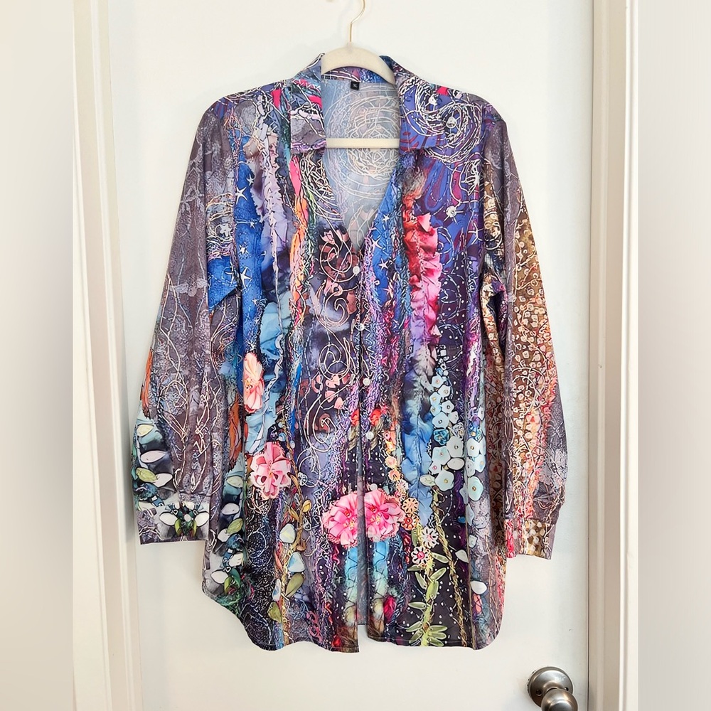 Multicolored Button Up Blouse, Size XL